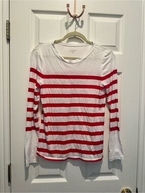 LOFT White Long Sleeve Tee with Red Stripes six